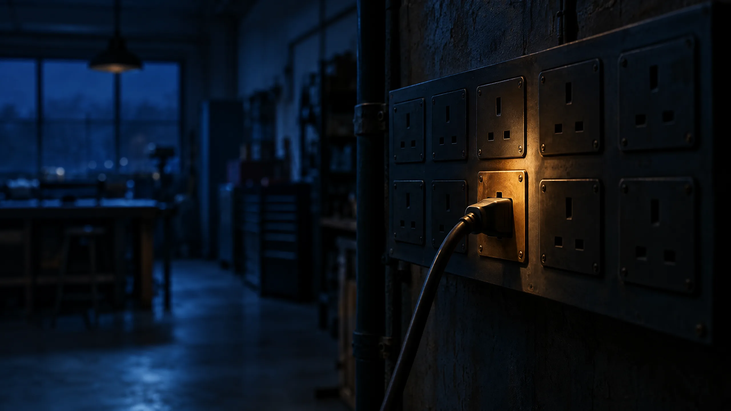 A single brass socket lit warm in a dark wall-mounted patch panel, one cable plugged in among rows of unused sockets, a cold workshop out of focus behind it.
